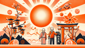 Ilustração de aumento no câncer de pele com envelhecimento, campanha Dezembro Laranja, com idosos japoneses e células cancerígenas sobre fundo laranja.