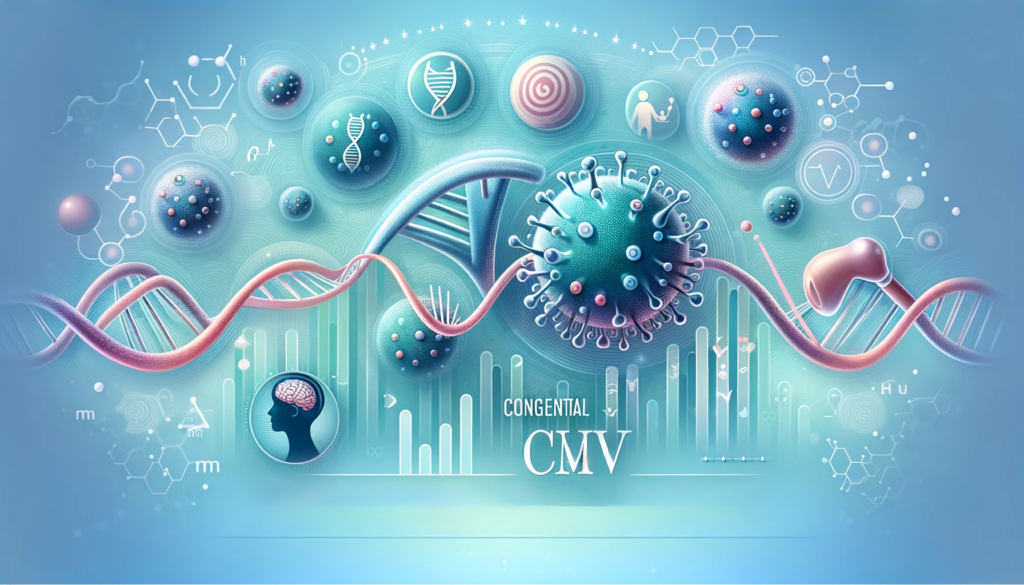 Banner ilustrativo para o artigo 'Impacto e Manejo do cCMV', mostrando ícones de audição e desenvolvimento neurológico sobre fundo com imagens de DNA e vírus CMV