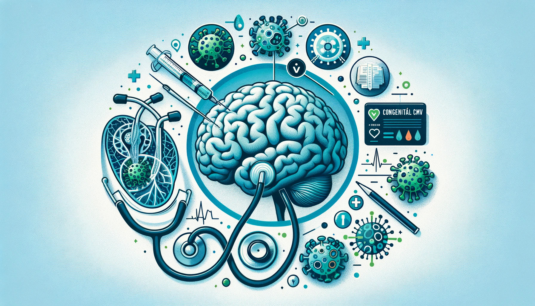 Banner de blog ilustrando o diagnóstico e impacto do cCMV, com elementos visuais como um estetoscópio, imagens cerebrais e uma representação do vírus CMV